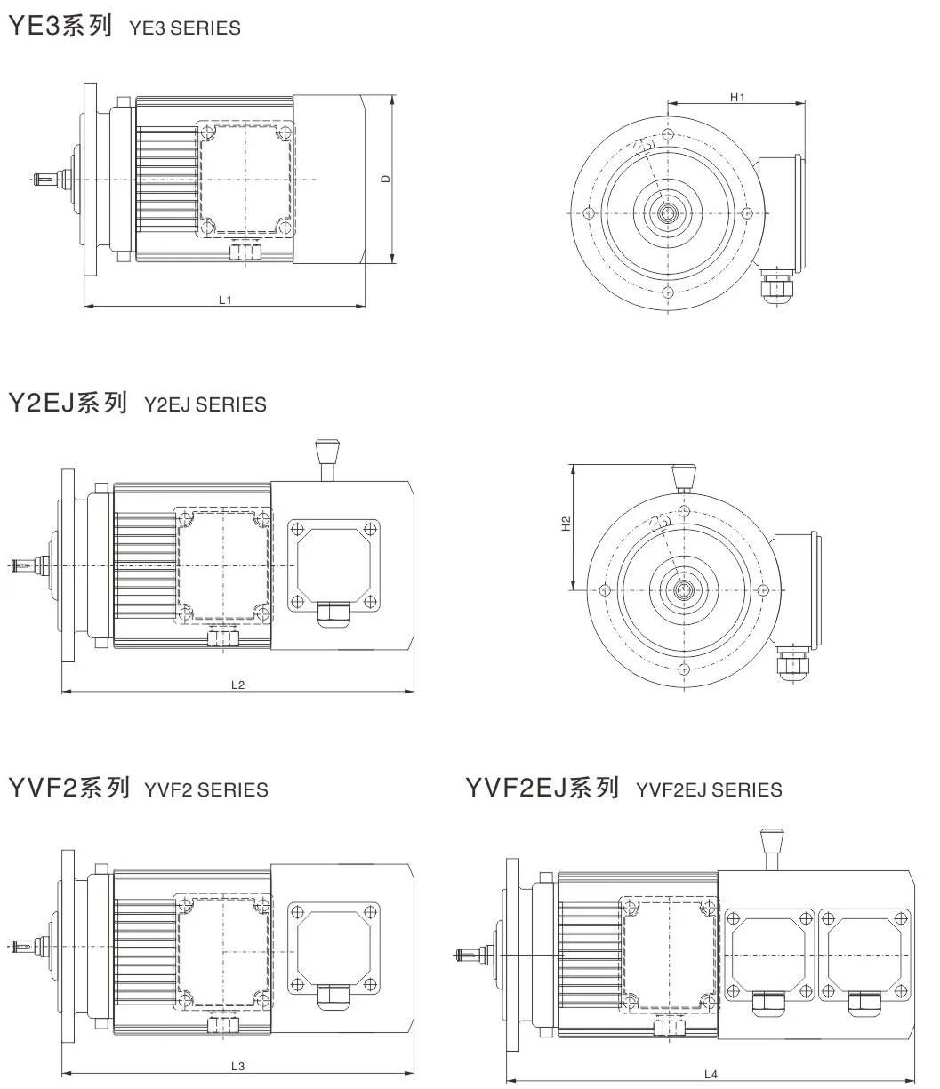 Габаритные схемы YE3, Y2EJ, YVF2, YVF2EJ